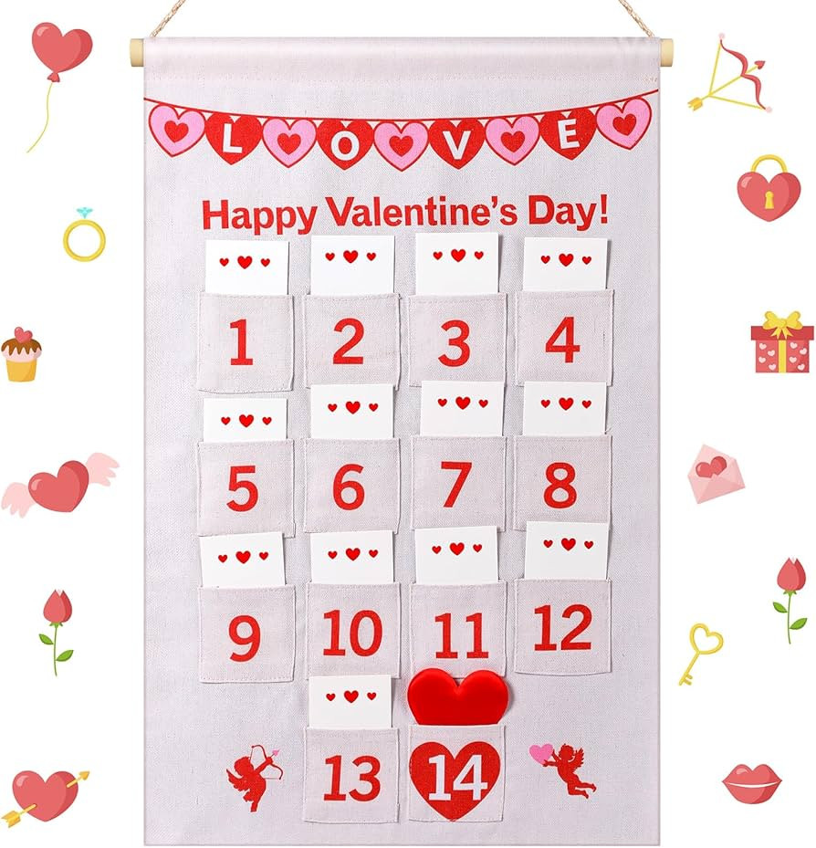 Valentine's Hanging Advent Calendar 15 x 23 Inch Canvas Heart Countdown Calendar with 14 Pockets ... | Amazon (US)