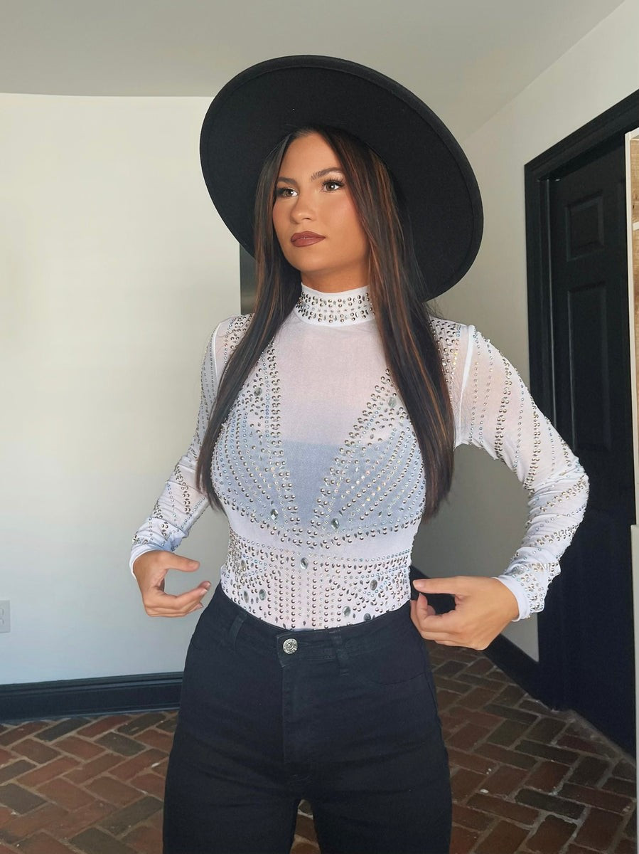 Lilly Rhinestone Mesh Bodysuit- White | Willow Boutique