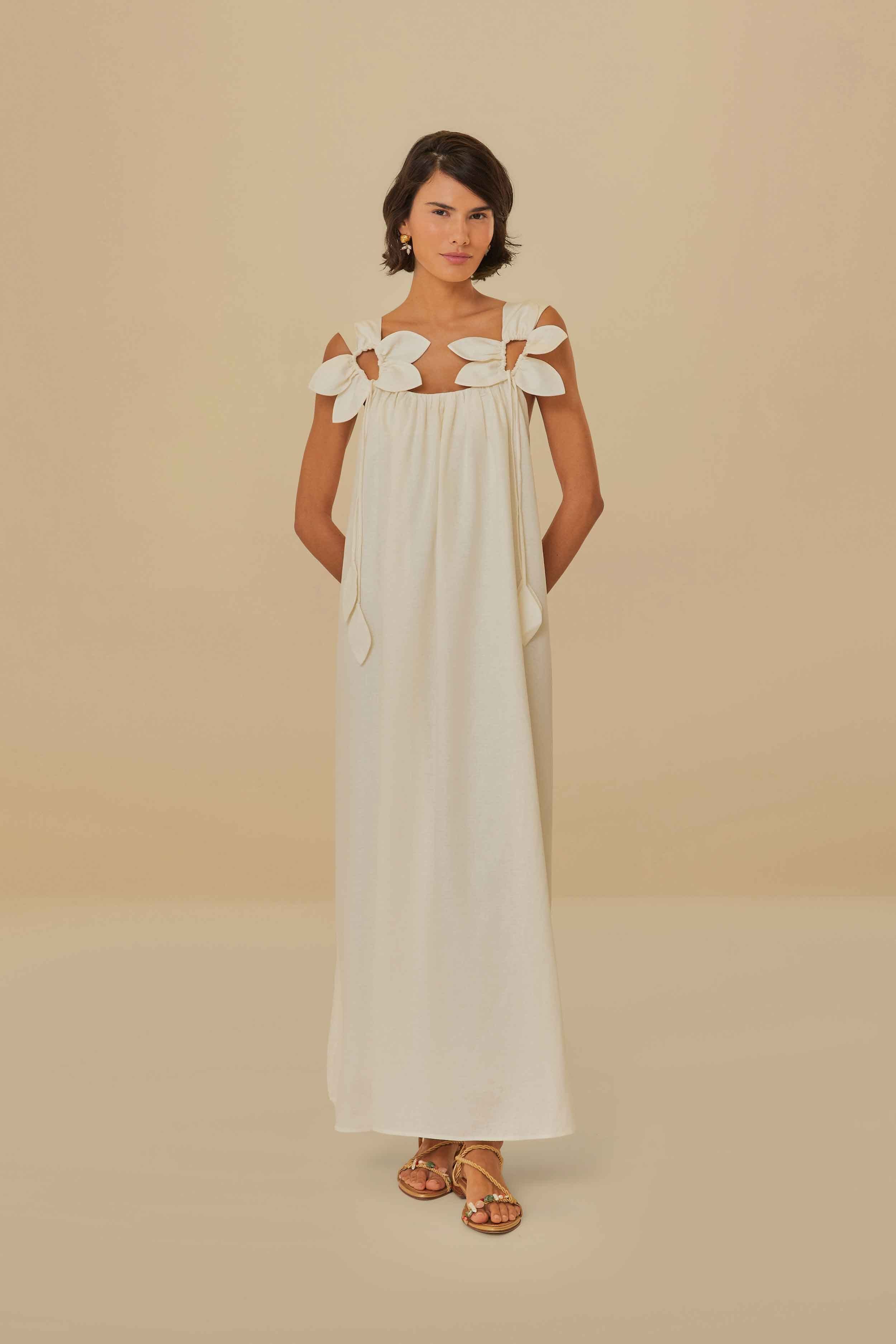 White Floral Details Lenzing™ Ecovero™ Euroflax™ Maxi Dress | FarmRio