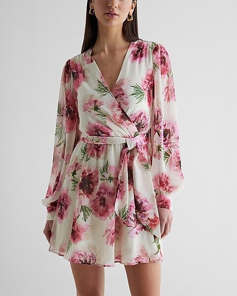 Floral Print Long Sleeve Tie Waist Mini Dress | Express