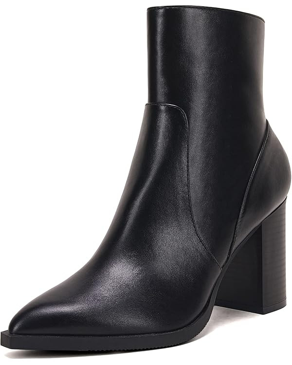 LAICIGO Women's Pointed Toe Ankle Boots Chunky Stacked Heel Side Zipper Faux Leather Ankle Bootie... | Amazon (US)
