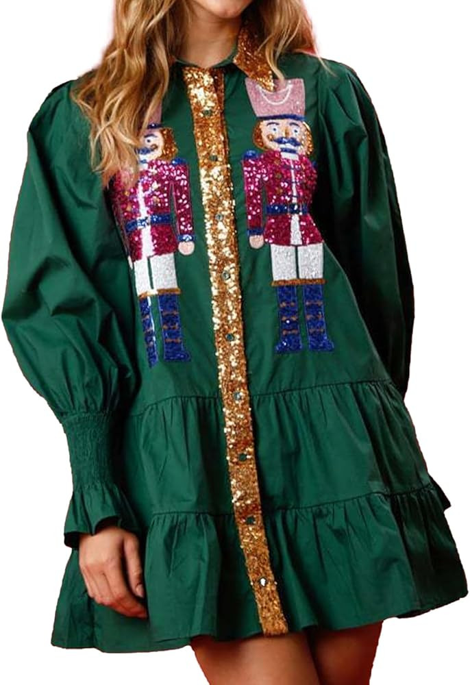 Christmas Nutcracker Dress for Women Sequin Sweatshirt Dress Long Puff Sleeve Button Down Mini Sh... | Amazon (US)