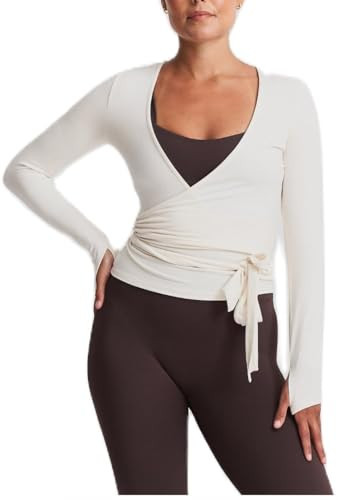 Y2k Ballet Pilates Wrap Top for Women White Workout Yoga Dance Long Sleeve Wrap Shirt Slim Tie Front Going Out Crop Tops | Amazon (US)