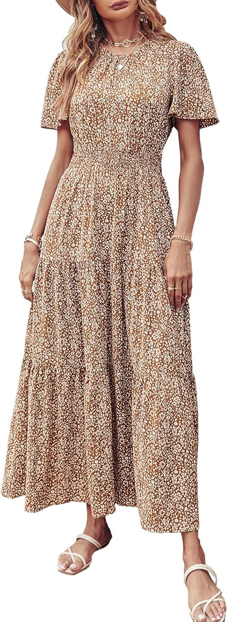 PRETTYGARDEN Women's Summer Casual Short Flutter Sleeve Round Neck Smocked Waist Tiered Boho Flor... | Amazon (US)