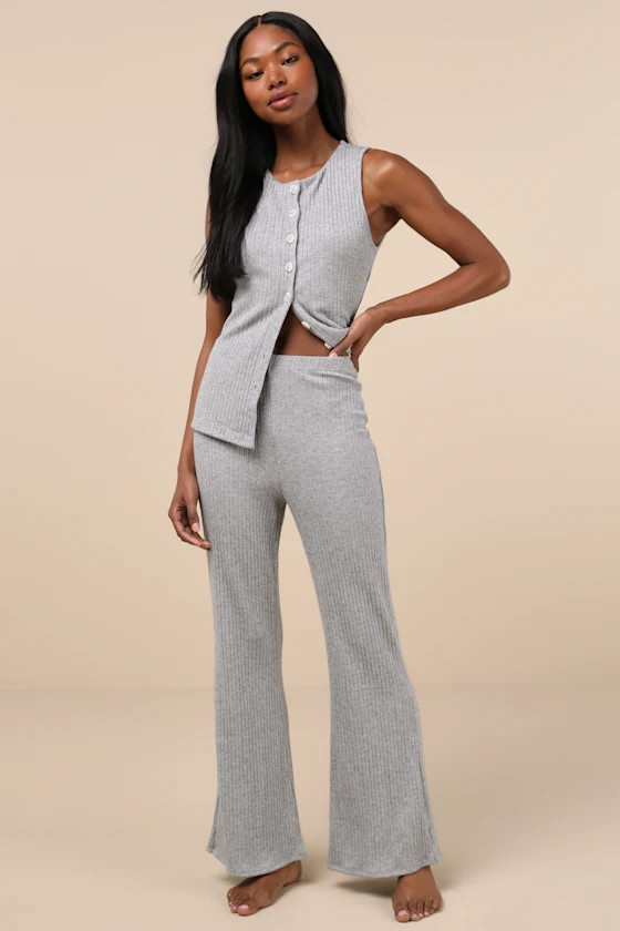 Raney Heather Grey Ribbed Knit Flare Lounge Pants | Lulus