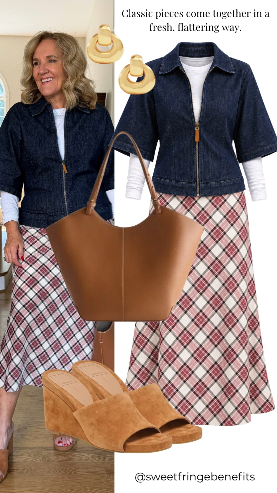 This is one of those combinations that feels classic without feeling predictable. I’m wearing a small in the white tee, medium in the plaid skirt and medium in the denim jacket.

#LTKootd #LTKWorkwear #LTKOver40