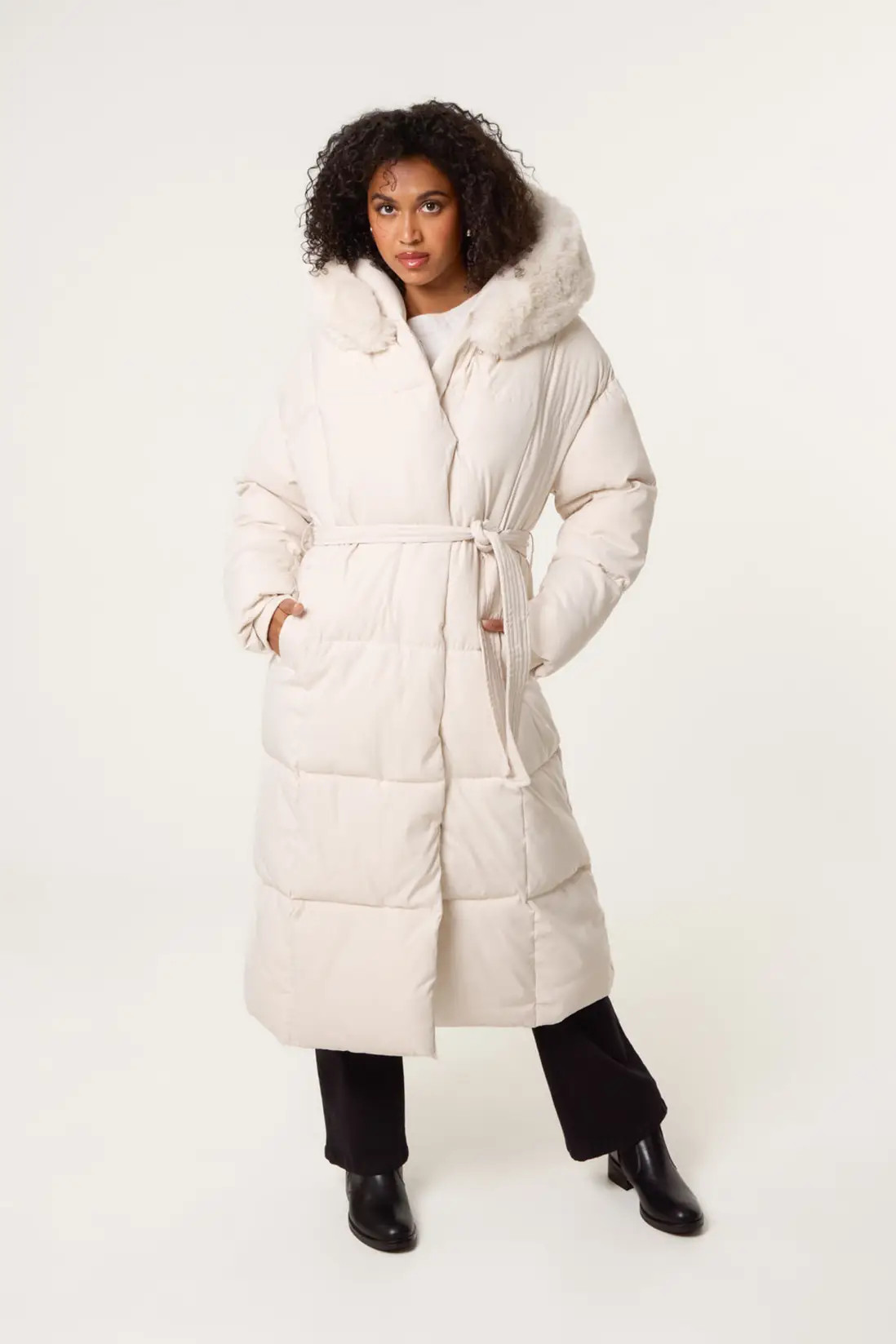 Jackets & Coats | Stone Long Puffer Faux Fur Hooded Coat | Blue Vanilla | Debenhams UK