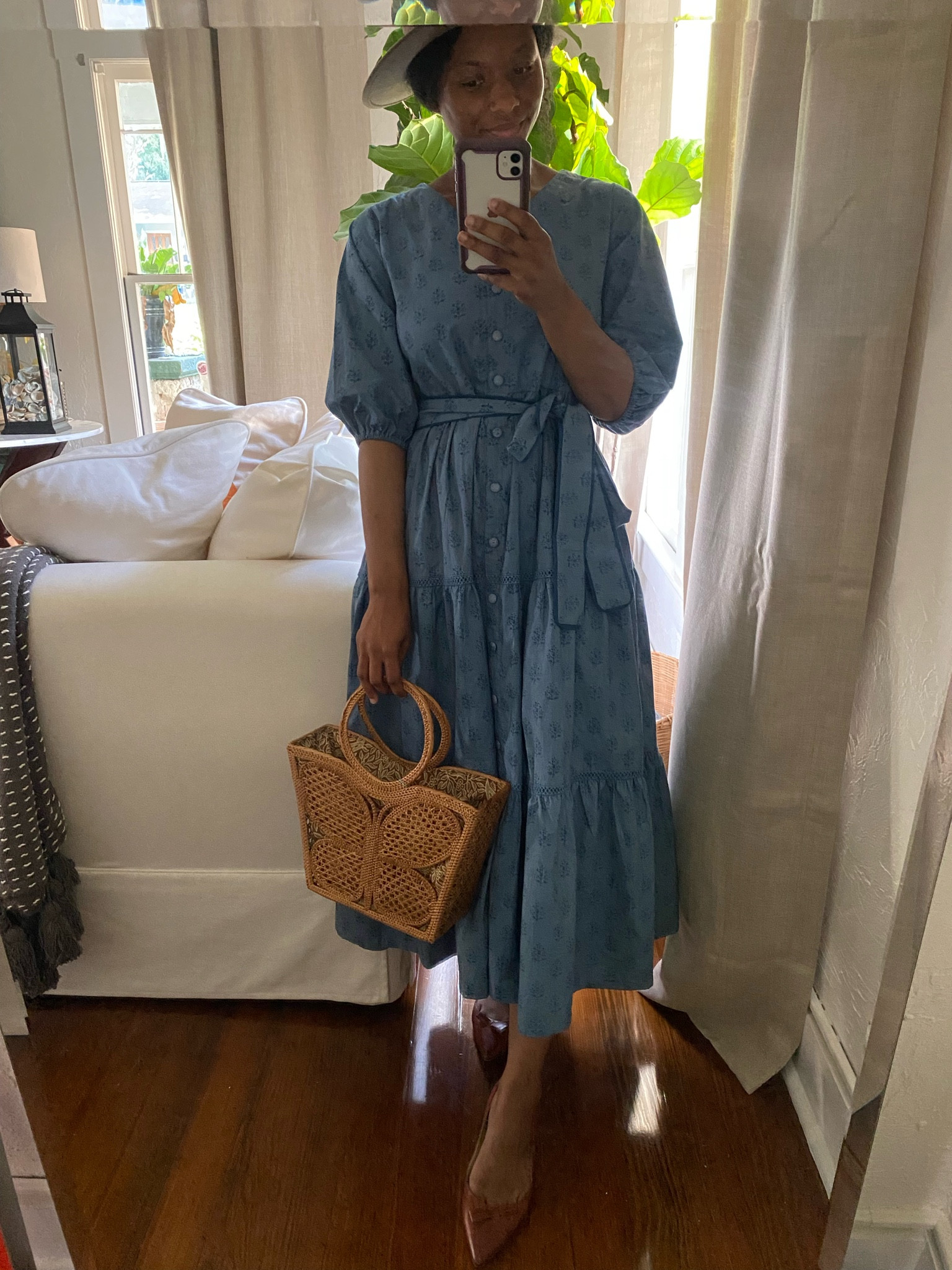 A beautiful block print dress and stunning wicker bag. The blue is a dusty blue and perfect for fall transition with the longer length and muted deep tones  

#LTKstyletip #LTKSeasonal