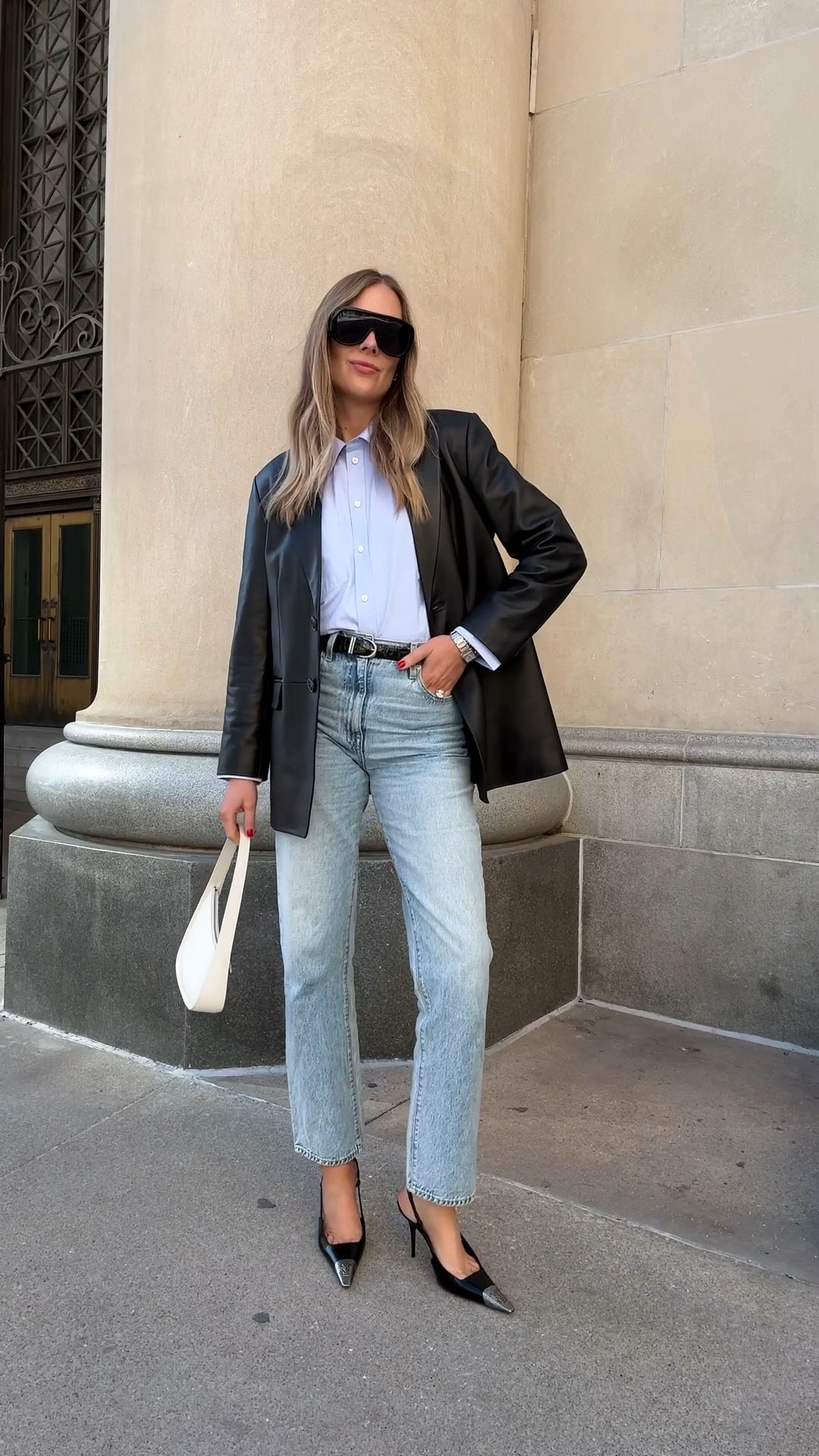 Fashion Jackson, spring outfit, jeans, button down shirt, leather blazer 

#LTKOver40 #LTKTall #LTKootd