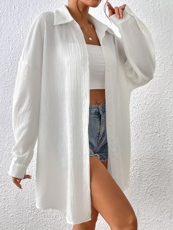 SHEIN EZwear Spring And Summer Shirts White Casual Drop Shoulder Button Front Beach Shirt | SHEIN