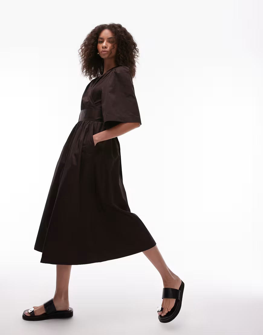 & Other Stories poplin midaxi dress with wrap front and puff sleeves in brown | ASOS (Global)