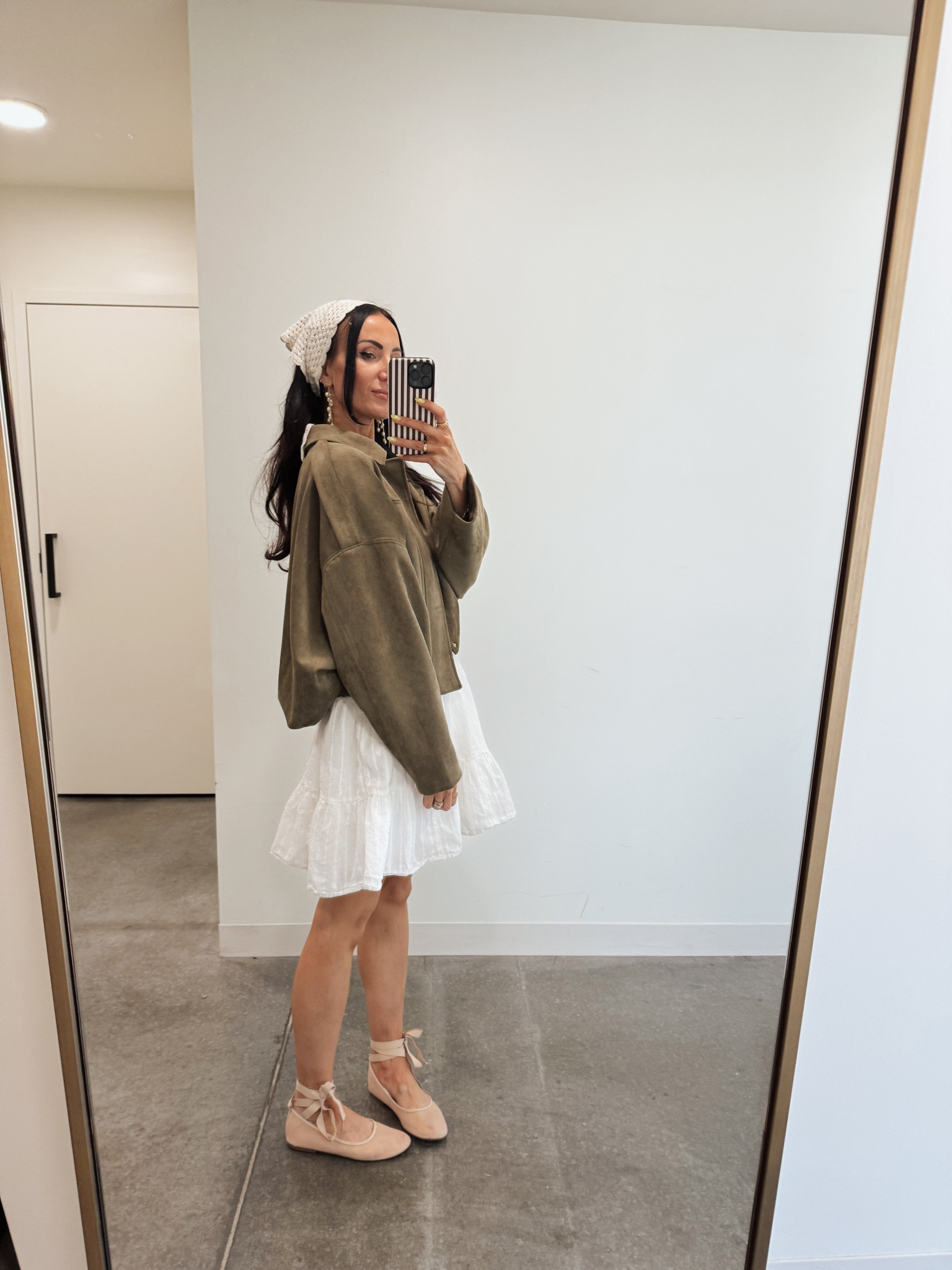 Suede jacket fits tts. Crochet head scarf got lots of compliments 