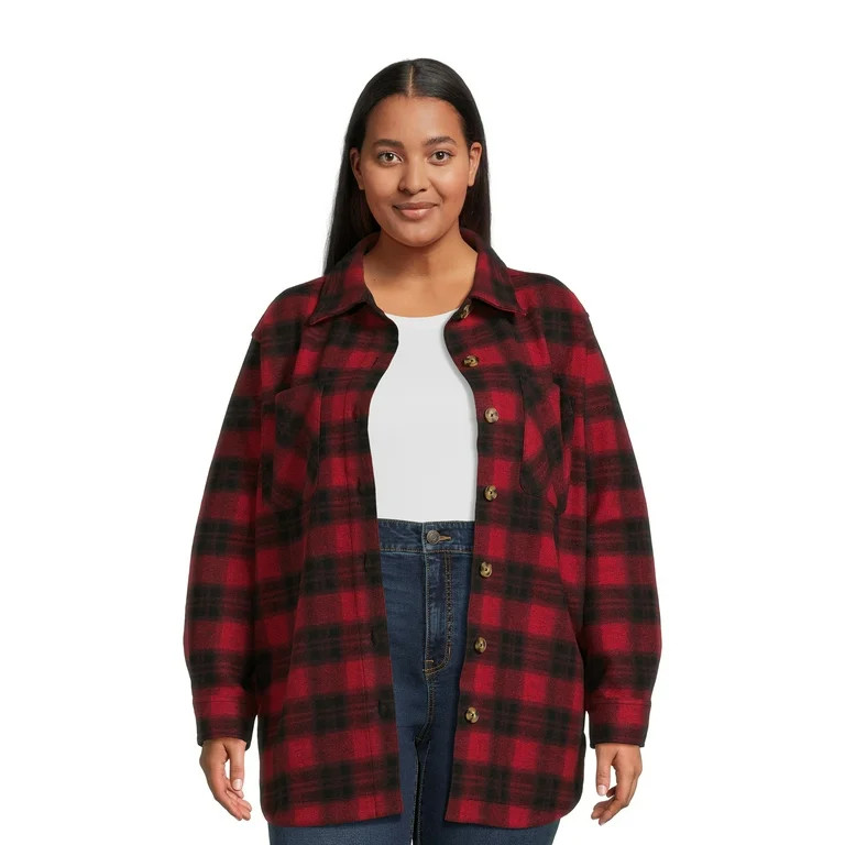 Terra & Sky Women's Plus Size Plaid Button Down Shacket - Walmart.com | Walmart (US)