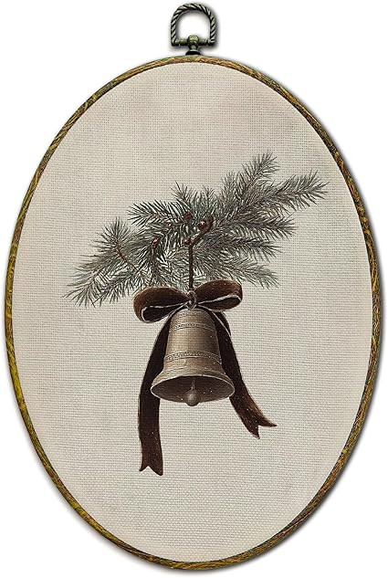 XFCICRLJ Vintage Christmas Bell Wall Art Decor, Neutral Christmas Bell Pine Bow Oval Canvas Print... | Amazon (US)
