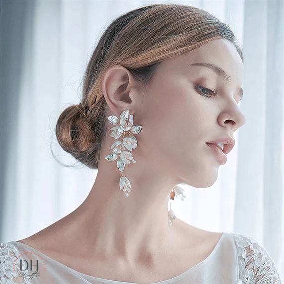 Porcelain Flower Bridal Earrings, Floral Earrings Wedding, White Earrings, Boho Bridal Earrings, ... | Etsy (US)