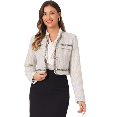 INSPIRE CHIC Women's Double Breasted Open Front Elegant Plaid Tweed Crop Blazer Light Blue Large | Target