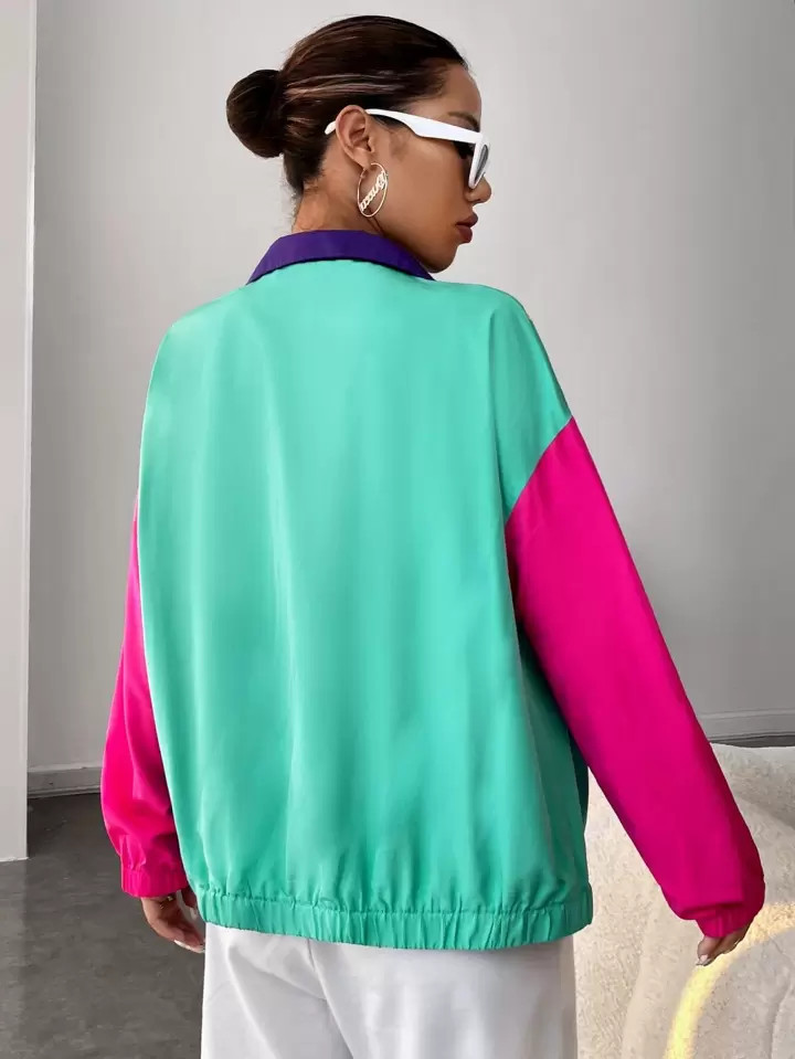 SHEIN EZwear Spring Outfit Color Block Drop Shoulder Zipper Jacket | SHEIN