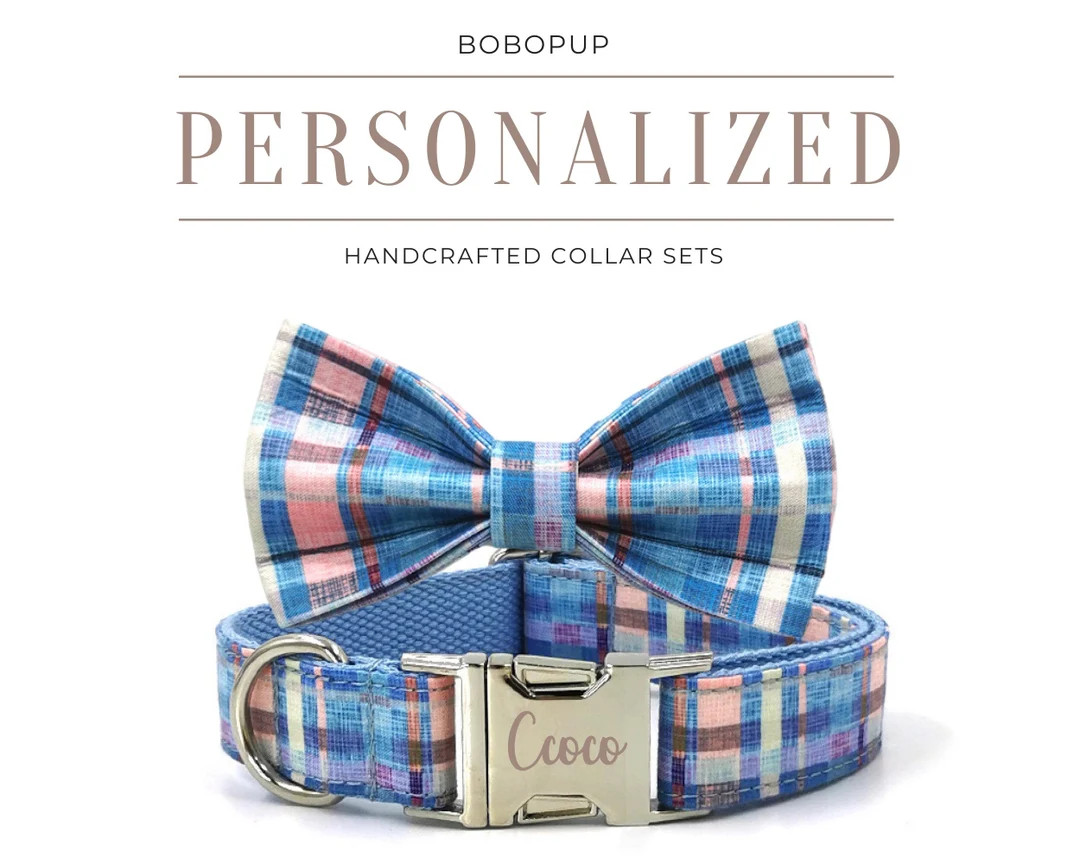 Puppy Dog Collar Bow, Blue Plaid Dog Collar, Personalized Dog Collar with Name, Pet Collar for Bo... | Etsy (US)
