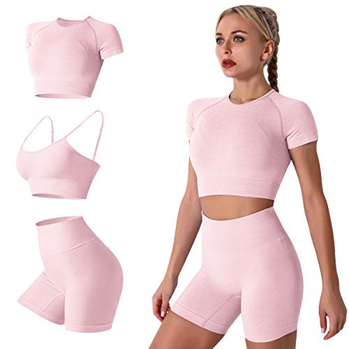ABEHIK Workout Sets for Women 3 Pieces Yoga Outfit Seamless Sports Bra Casual Exercise Short Sleeve Crop Top with High Waisted Running Shorts Activewear Tracksuits Gym Clothes Set Pink S | Amazon (US)