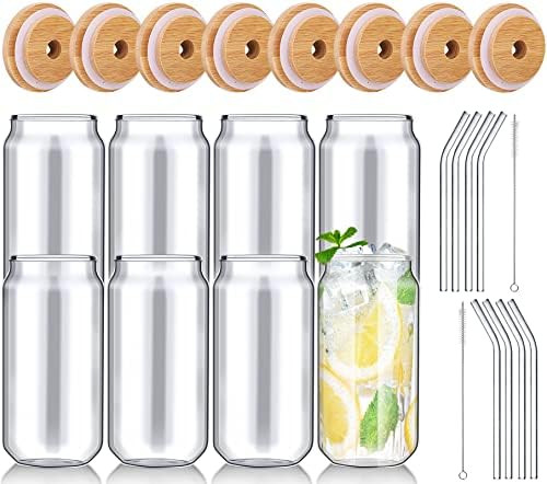 Beer Can Glass with Bamboo Lids and Straw 16 oz Drinking Glasses Can Tumbler Clear Glass Cups Reusab | Amazon (US)