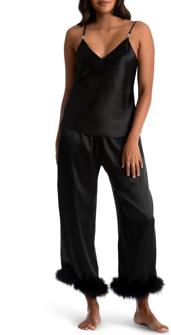 Noelle Feather Trim Satin Pajamas | Nordstrom