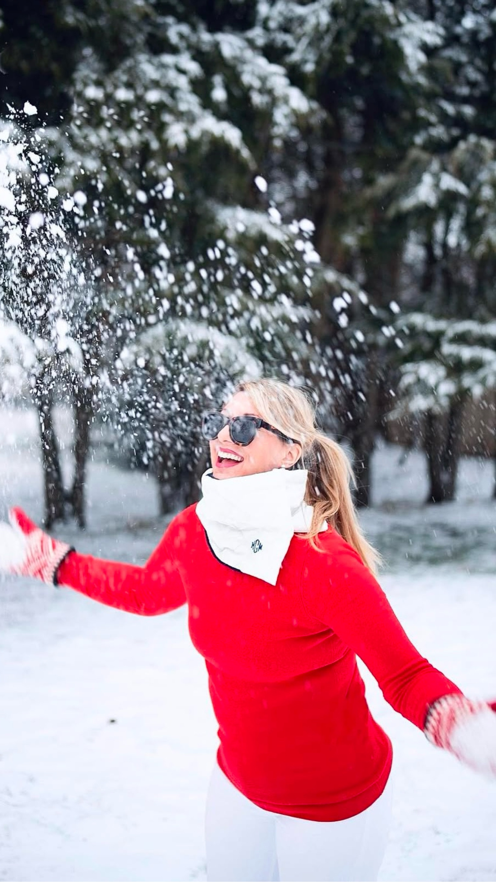 Winter snow gear ❄️ quilted fur lined neck wrap, woven Nordic mittens, red wool turtleneck, white snow pants 