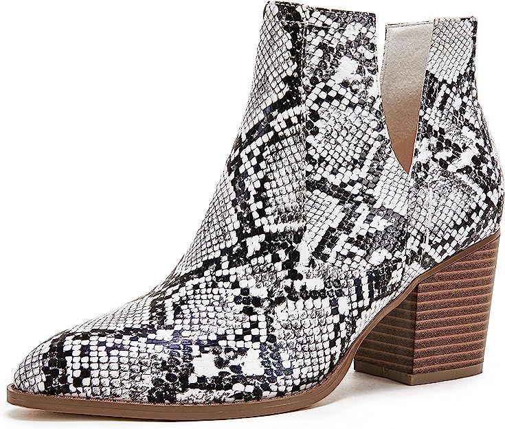 Womens Ankle Boots Slip on Cutout Pointed Toe Snakeskin Chunky Stacked Mid Heel Booties | Amazon (US)