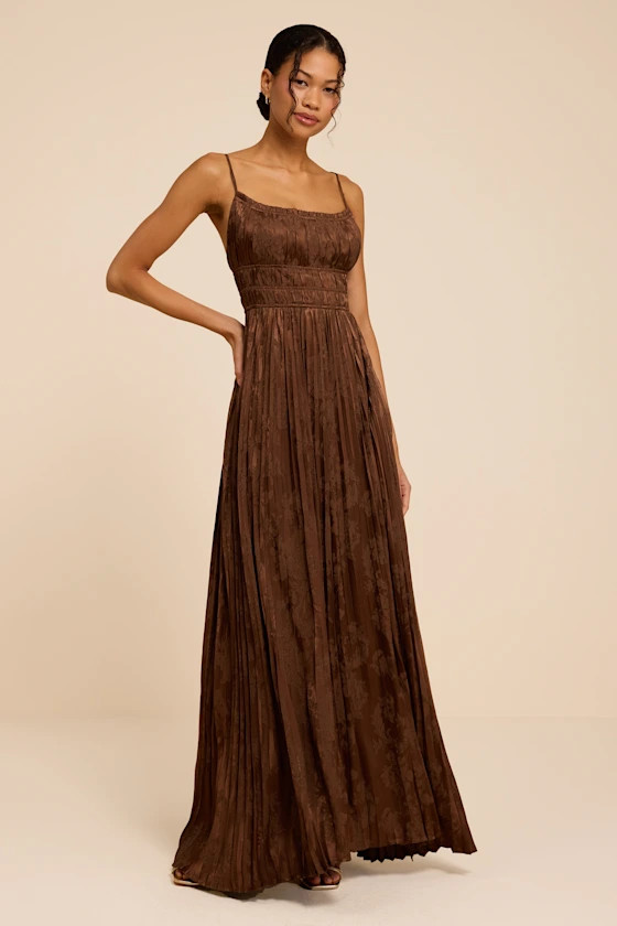Ashyr Brown Satin Jacquard Pleated Maxi Dress | Lulus