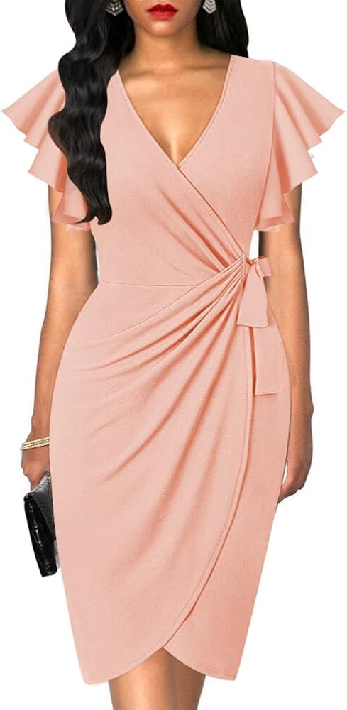 oten Womens Deep V Neck Ruffle Sleeve Sheath Casual Cocktail Party Work Faux Wrap Dress | Amazon (US)
