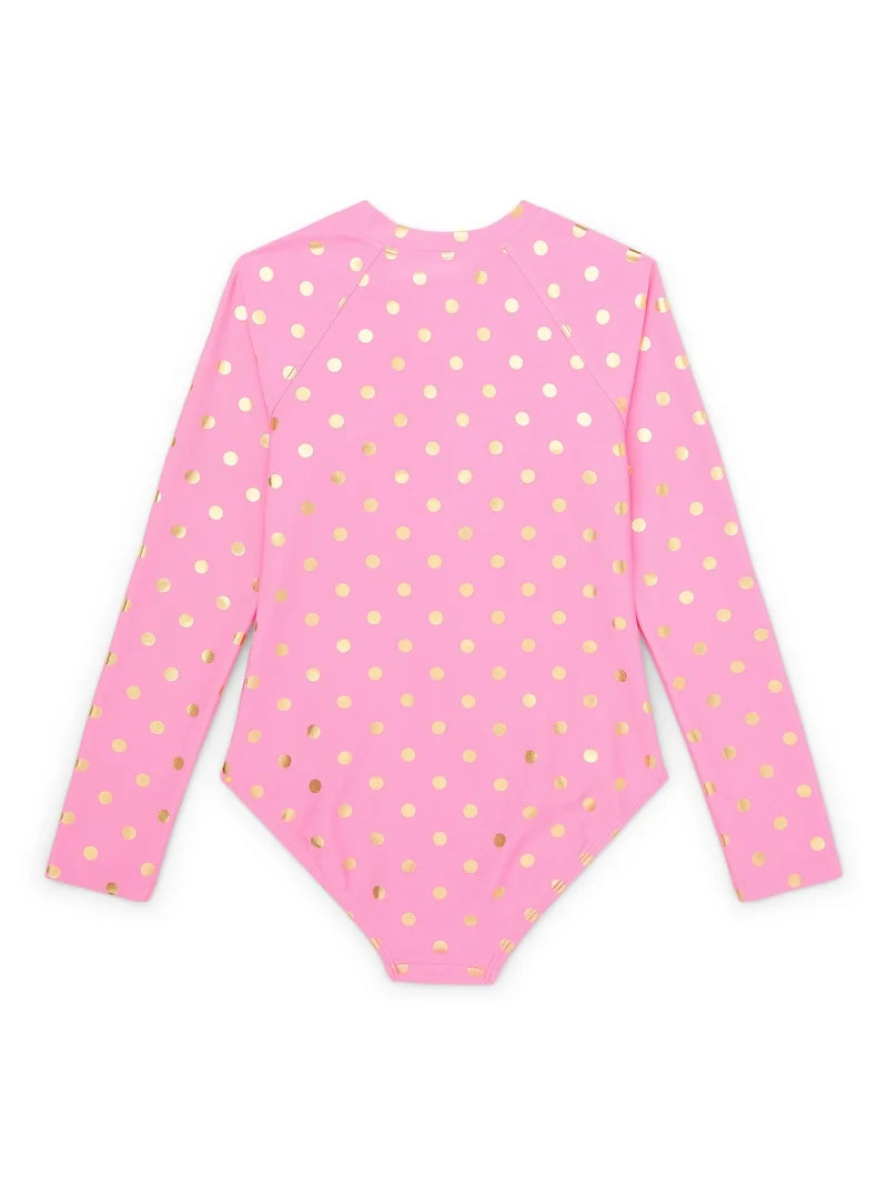 Wonder Nation Girls Long Sleeve Zip-Up Rash Guard One-Piece Swimsuit, Sizes 4-18 & Plus | Walmart (US)