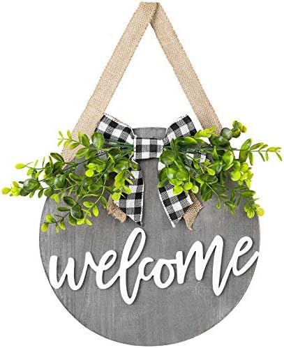 Dahey Rustic Welcome Sign with Artificial Eucalyptus Front Door Decor Round Wood Hanging Sign Far... | Amazon (US)