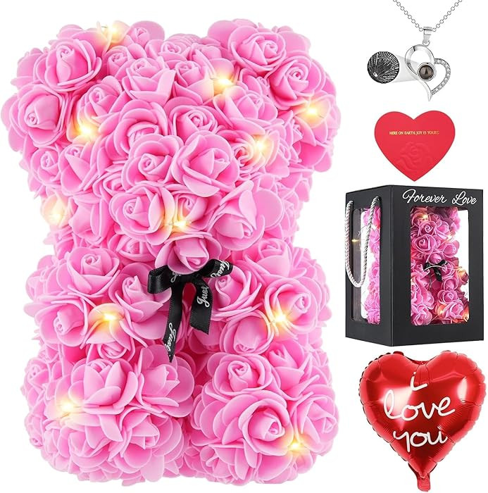 MACTING Rose Bear 10Inch Pink Flower Teddy Bear with Lights I Love You Necklace Card Balloon Birt... | Amazon (US)