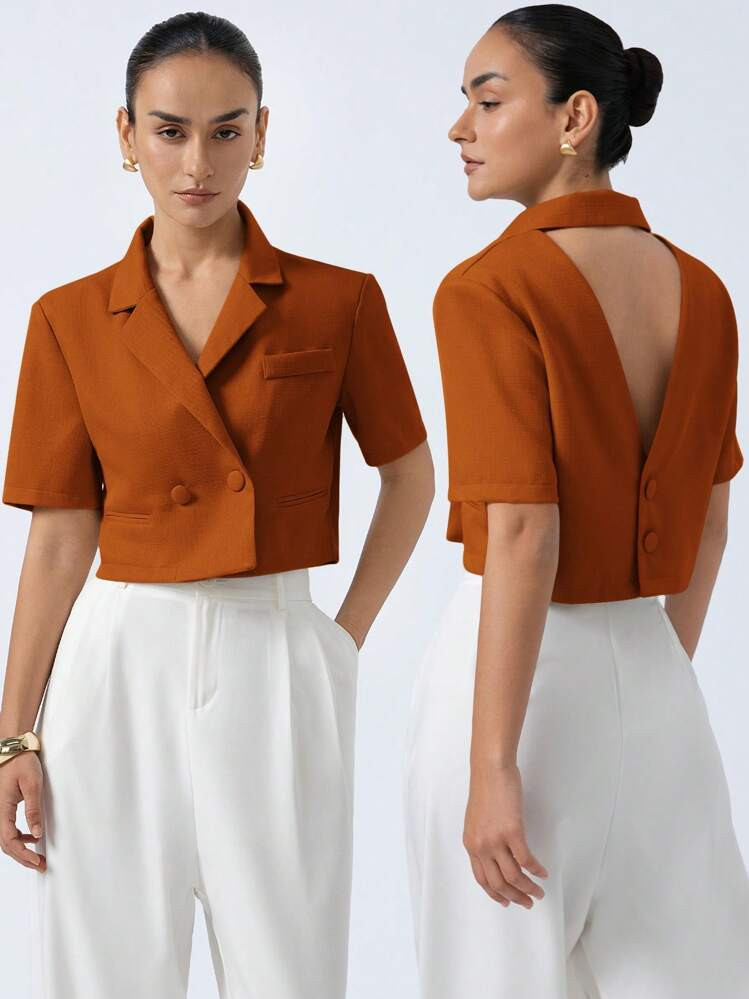 Aveloria Modichic New Fashionable Commuting Minimalist Chic & Sophisticated High-End Textured Fabric Blazer, Lapel Collar Cross-Back Design Fitted Short Sleeve Jacket For Women | SHEIN