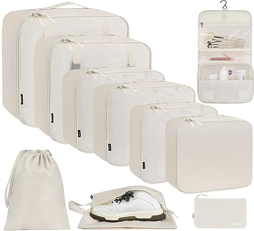 BAGAIL 10 Set Packing Cubes Various Sizes Packing Organizer for Travel Accessories Luggage Carry On Suitcase-Cream | Amazon (US)