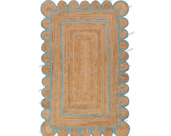 Scalloped Jute Rug, Light Blue Jute Scallop Boho Decor Handmade Rug, Customize in any Size & Shap... | Etsy (US)