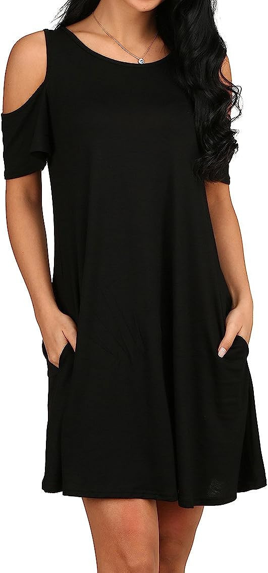 OFEEFAN Women's Cold Shoulder Tunic Top T-Shirt Swing Dress with Pockets | Amazon (US)