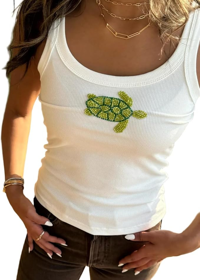 Y2k Graphic Sequin Tank Tops Women Cute Ocean Starfish Beaded Embroidered Top Summer Sleeveless C... | Amazon (US)