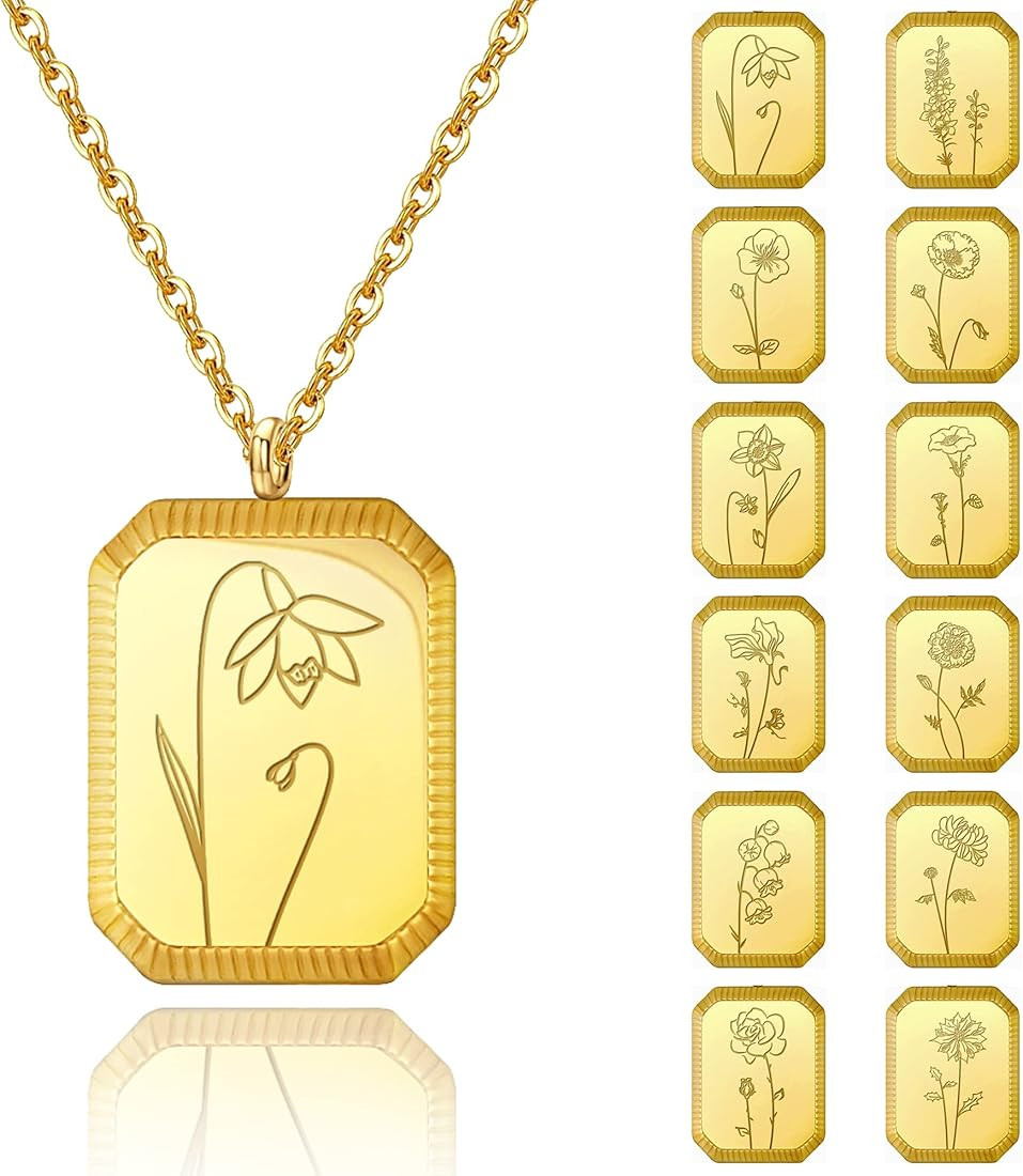 Anavia 18K Gold Plated Birth Month Flower Necklace, Dainty Rectangle Floral Engraved Jewelry for ... | Amazon (US)