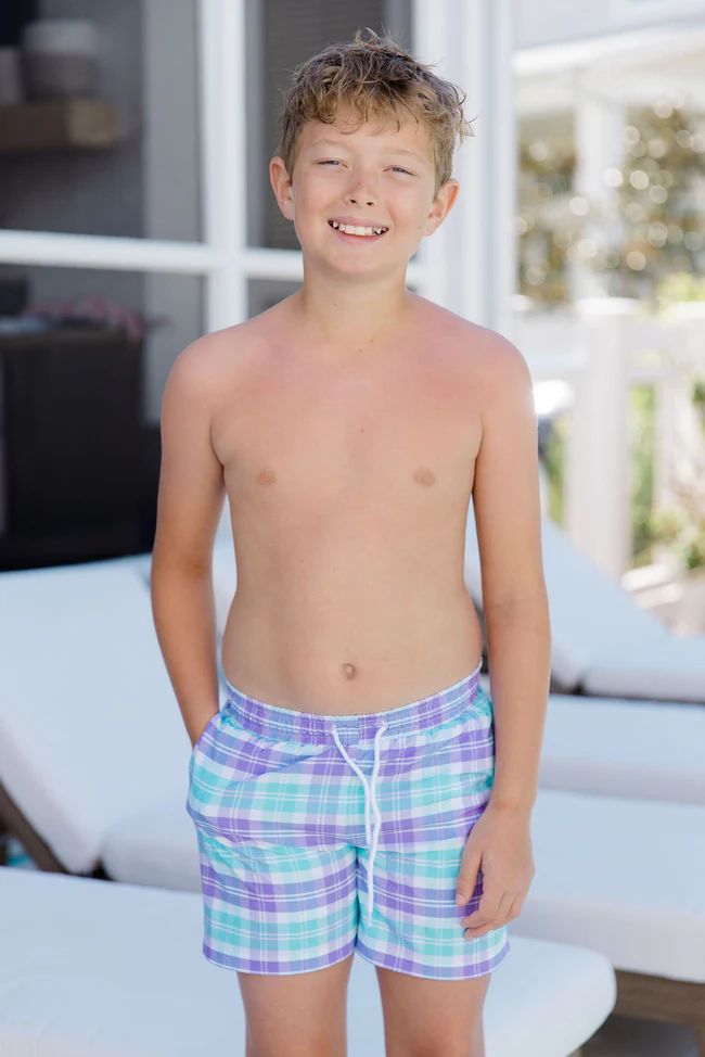 Boy's Seaside Swim Trunks In Tori Plaid Tori X Pink Lily | Pink Lily