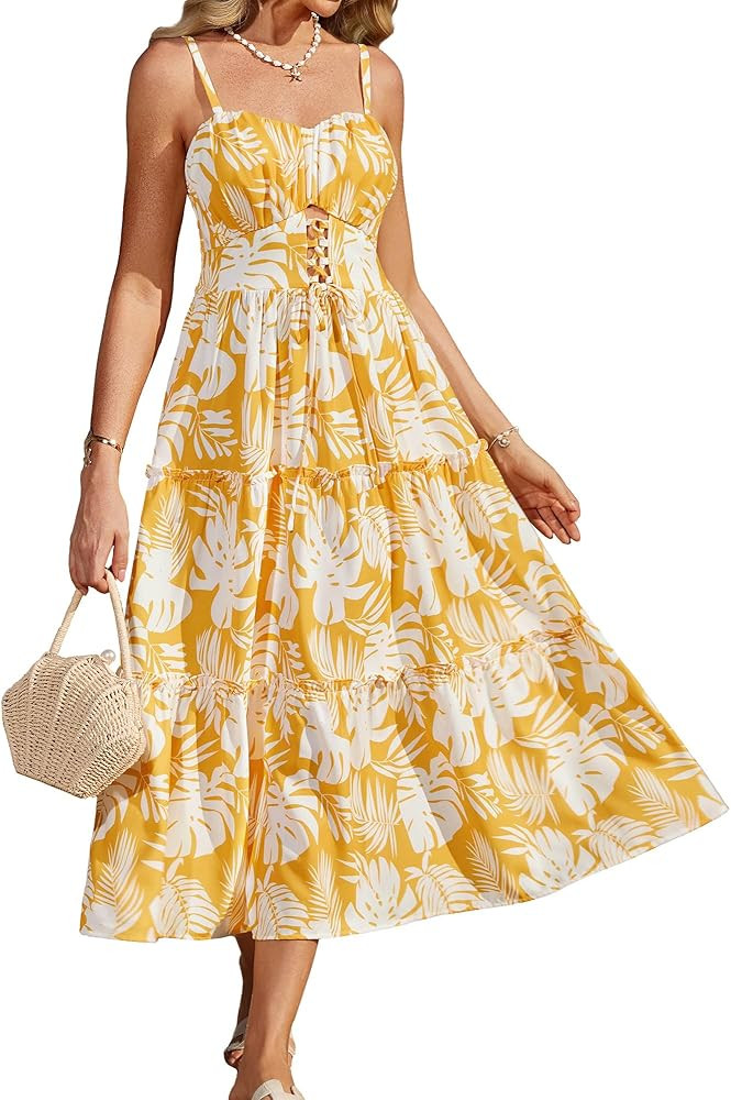 GRACE KARIN Women's Summer Floral Dress 2025 Spaghetti Strap Smocked Tiered Casual Beach Boho Max... | Amazon (US)