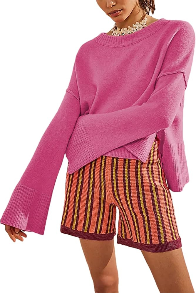 Wanzetaly Women's Oversized Cropped Sweaters Casual Crewneck Pagoda Sleeve Knit Pullover Tops | Amazon (US)