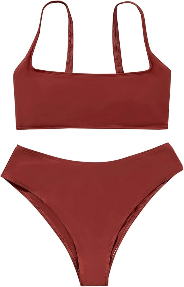 SweatyRocks Women's Swimwear Set Solid Scoop Neck High Waisted Bikini Swimsuits | Amazon (US)