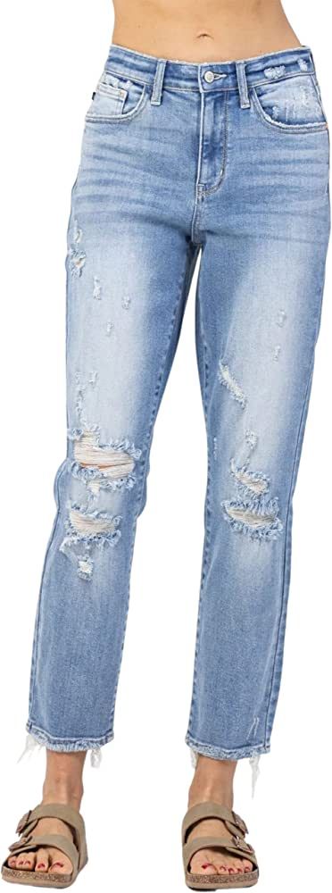 Judy Blue Women's 90's High Rise Slim Straight Leg Jeans with Destruction and Frayed Hem | Amazon (US)
