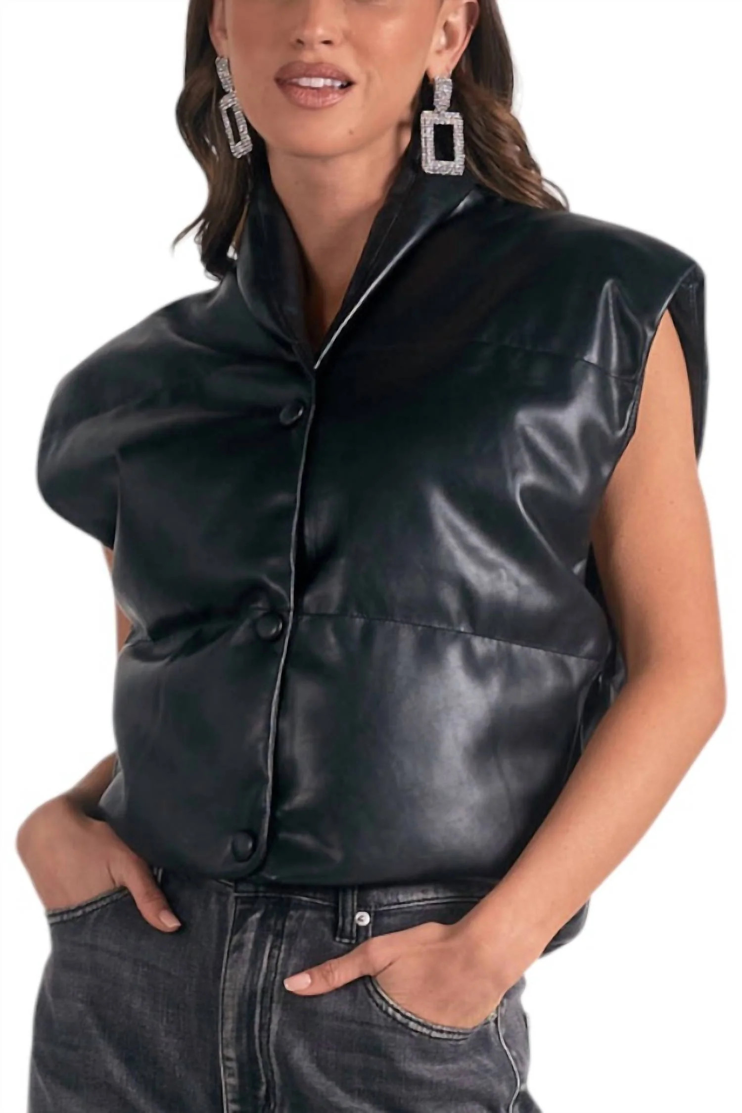 High Collar Faux Leather Vest In Black | Shop Simon