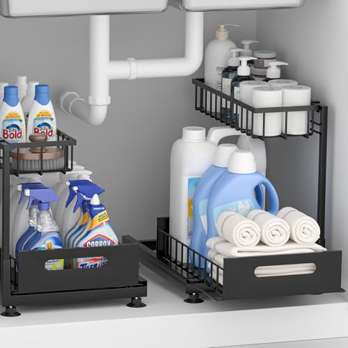Saydear Under Sink Organizer Storage 2-Tier Premium Metal Pull-Out Kitchen Cabinet Organizer with Sliding Drawer, Height Adjustable, Heavy Duty for Kitchen & Bathroom Organizers 2 Pack Black | Amazon (US)