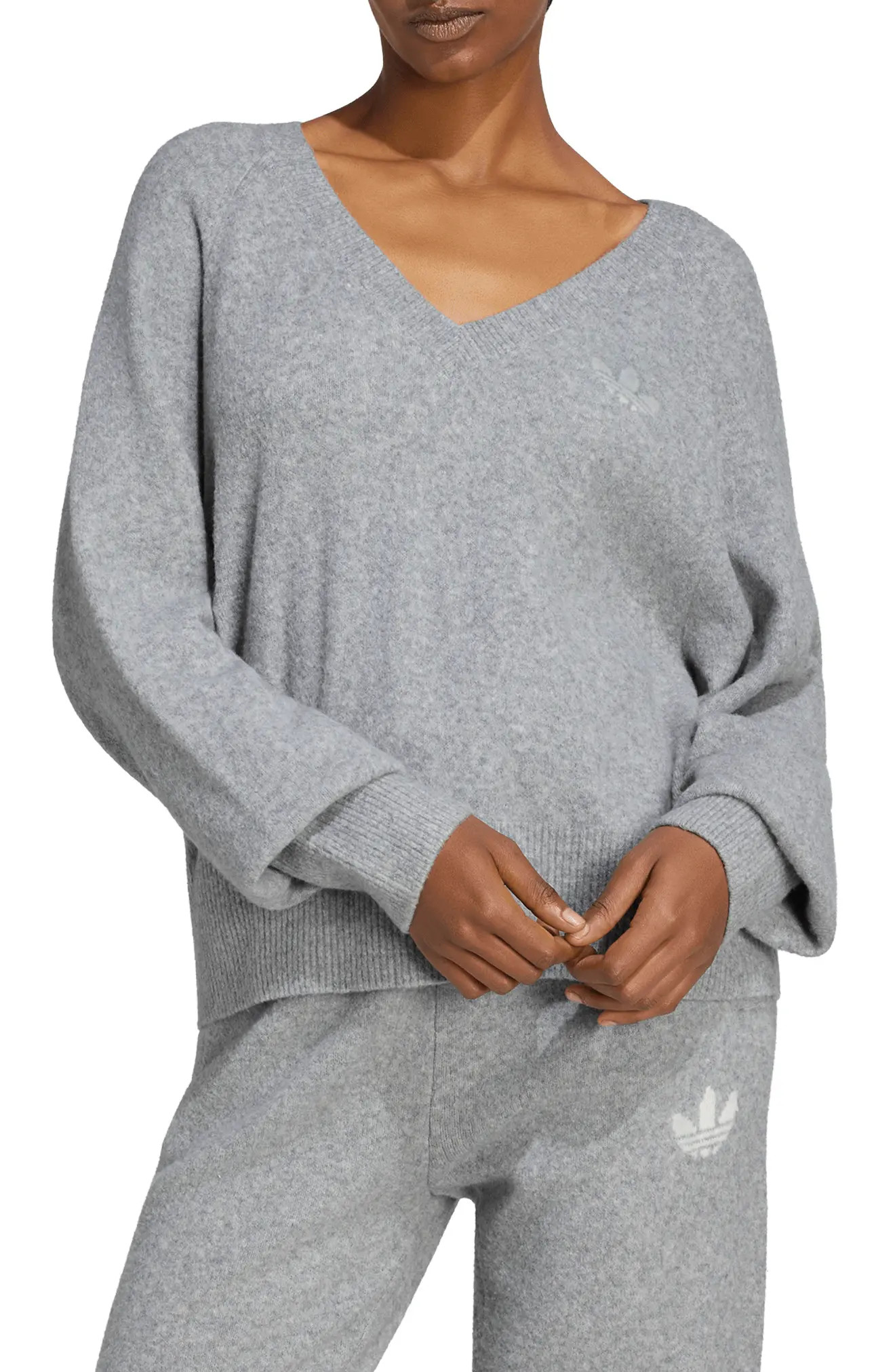 adidas Originals Knit V-Neck Sweater in Medium Grey Heather at Nordstrom | Nordstrom