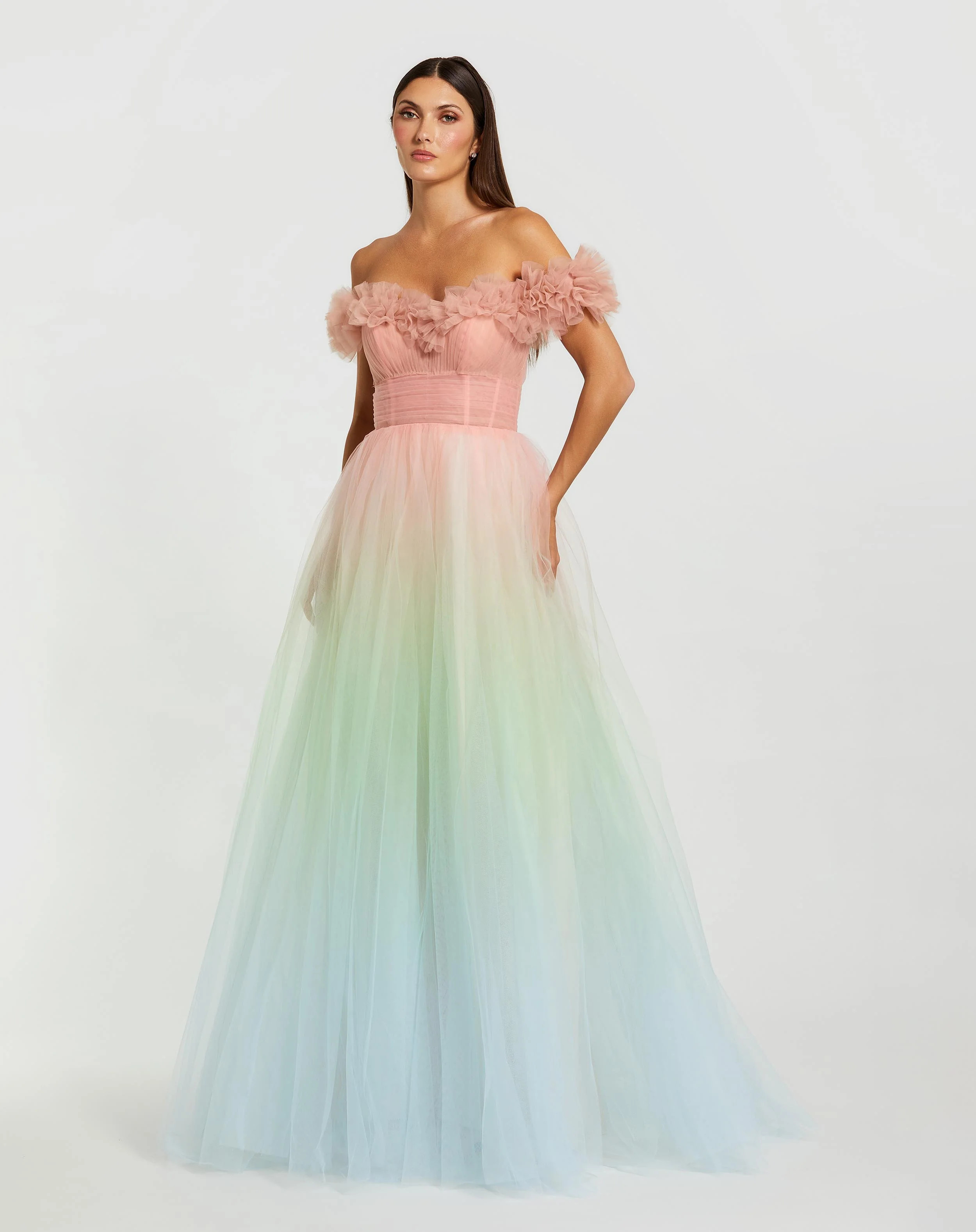 Multicolor Off The Shoulder Ombre Tulle Ballgown | Mac Duggal