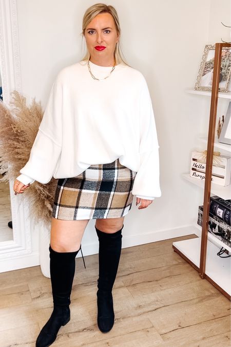 Blair Waldorf outfit. 
Fall outfit. 
Fall style. 
Boots. 
White sweater. 
Easy street tunic. 
Free people sweater. 
Amazon skirt. 
Fall fashion. 
Midsize outfit. 

Size medium sweater. 
Size XL skirt  

#LTKstyletip #LTKmidsize #LTKfindsunder50