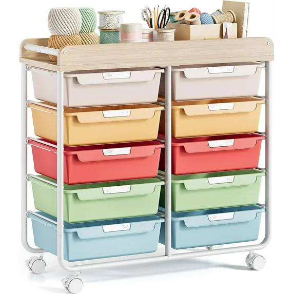 Rolling Storage Cart with Wooden TableTop, Utility Cart with 10 Large Drawers S, Colorful | Walmart (US)