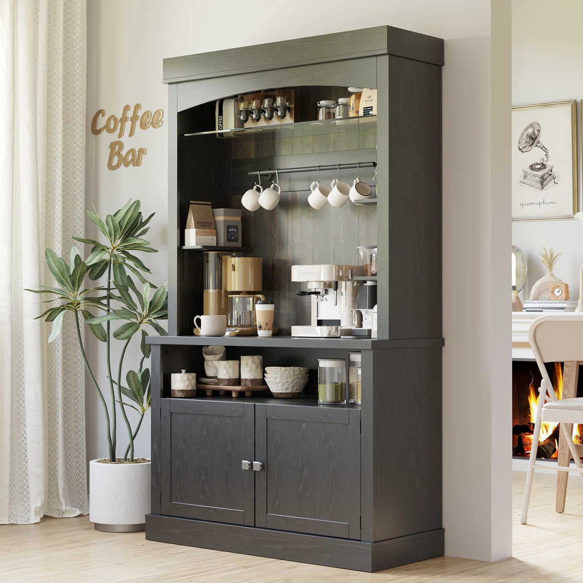 Farmhouse Coffee Bar Hutch with 3-Color LED Lights – Wood Buffet Cabinet with Wine Glass Rack, Kitchen Pantry Storage Cabinet for Living Room, Dining Room (Black) | Wayfair North America
